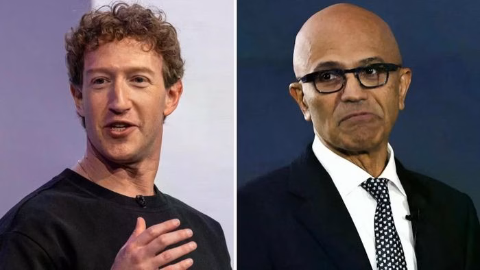 CEO Meta Mark Zuckerberg (trái) và CEO Microsoft Satya Nadella (phải) - Hai nhân vật then chốt trong cuộc chạy đua hạ tầng AI toàn cầu.