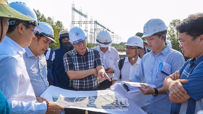 Lãnh đạo Tổng công ty Điện lực miền Nam kiểm tra thực địa tiến độ thi công trụ ra 110 kV tại TBA 220 kV Năm Căn.